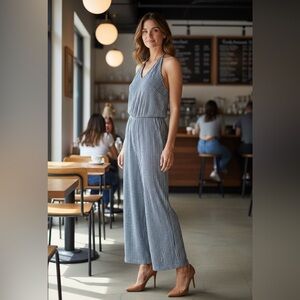 NWT Elegant Navy Blue and White Striped Jumpsuit
